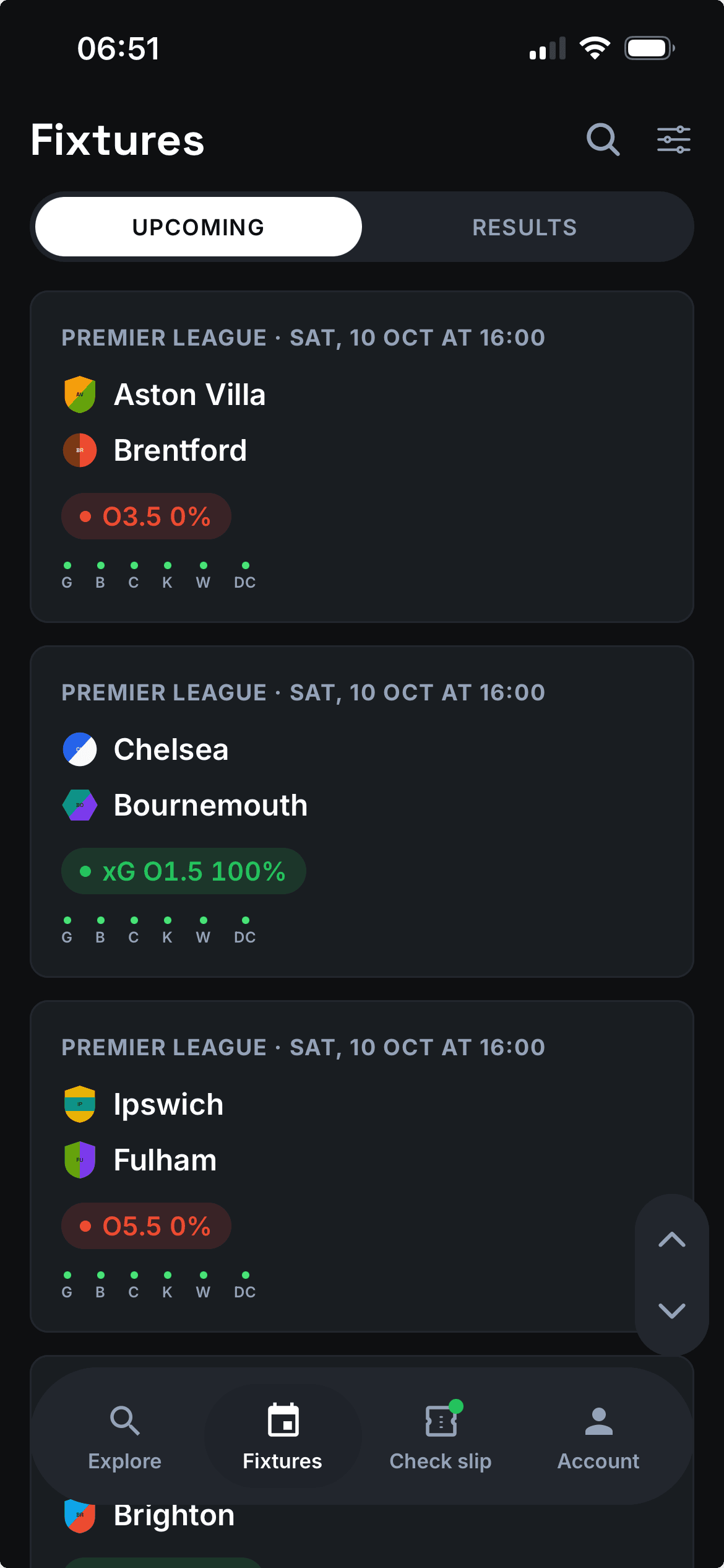 Bollr Fixtures screen listing upcoming Premier League matches, including Aston Villa v Brentford and Chelsea v Bournemouth
